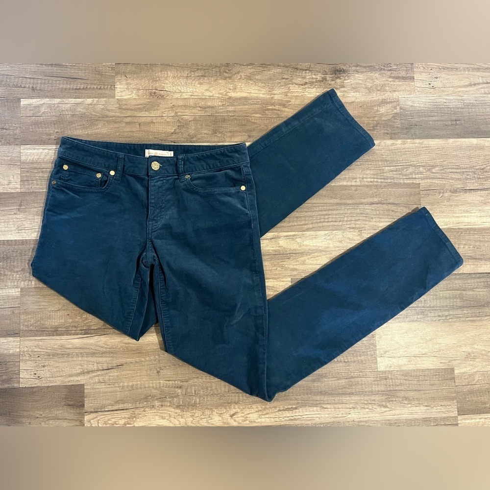 Tory Burch Woman’s Super Skinny Teal Corduroy Cotton Blend Low Rise Jeans 27